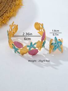 2pcs Ocean Starfish Shell Jewelry Set, Gradient Enamel Open Cuff Bracelet, Adjustable Ring, Beach Accessories - Colorful - View 10