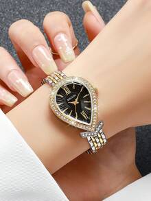 Women's Luxury Rhinestone Teardrop Roman Numeral Dial Quartz Watch, Elegant Two-Tone Alloy Band Wristwatch, Gift For Girlfriend (1pc/Set) Watch Box Not Included - Multicolor - View 2