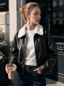 Women's Black PU Leather Jacket, Lamb Fleece Collar, Loose Long Sleeve Zipper Lapel Flight Jacket, Autumn/Winter Style - Black - View 9