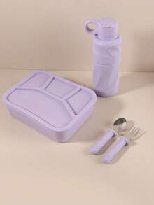 4pcs 1Set Personalized Custom Name Silicone Bento Lunch Box & Water Bottle With Fork Spoon Cutlery Set, Leakproof Multi-Compartment Food Container - Multicolor - View 14