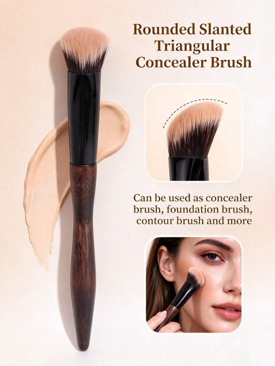 1pc Wooden Handle Triangle Sloped Concealer Brush, Contour Brush, Blush Brush, Multi-Function Makeup Brush, Portable Beauty Tool For Beginners