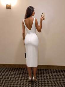 ADYCE Elegant Boat Neck Waisted Backless Bodycon High-Slit Maxi Party Dress Birthday Party Ball Prom Gown Homecoming Wedding Guest Formal Dinner Christmas - White - View 2