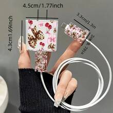 5pcs 2D Flat Design Cherry Bow Phone Charger Protector Set, Charger Head Cover + Cable Protector + Storage Rope + Data Cable Protector Wrap Rope, Compatible With Iphone 20W/18W Charger - Multicolor - View 5