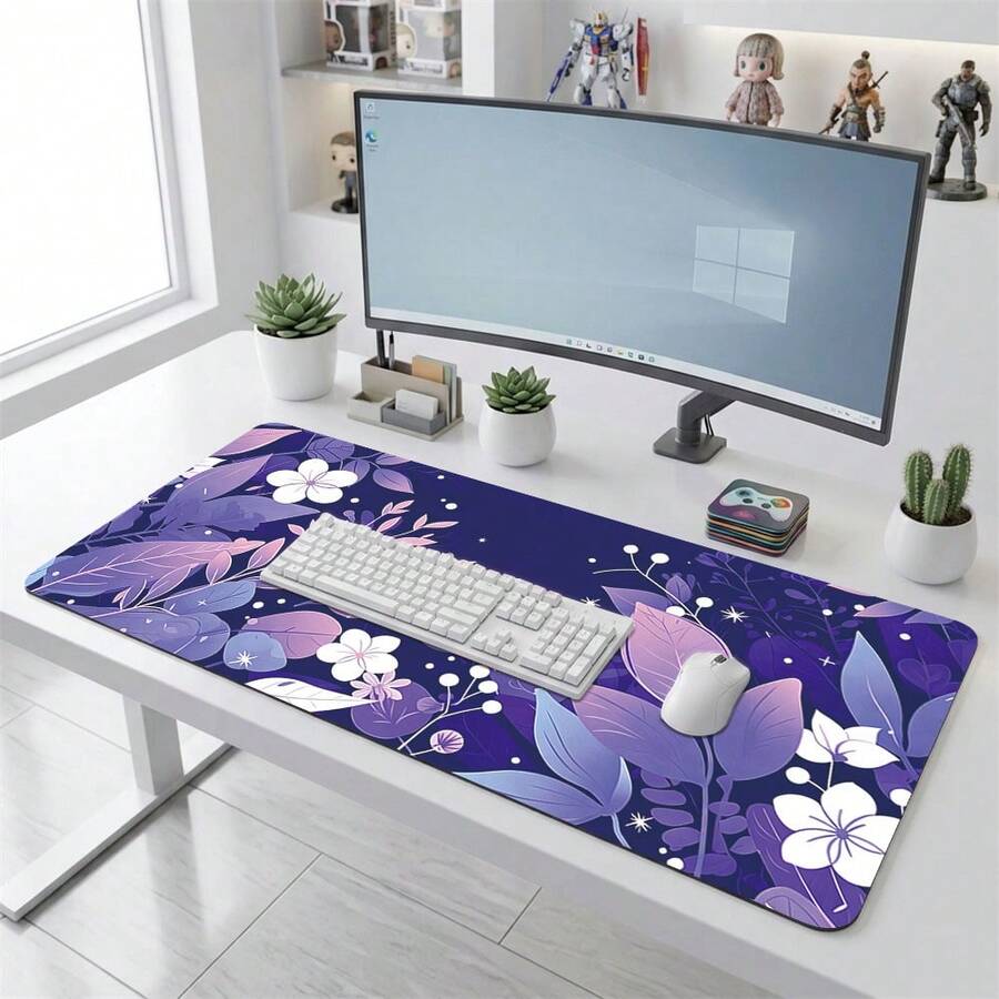 Purple Floral Pattern Gaming Mouse Pad, Non-Slip Rubber Desk Mat, Smooth Glide Surface, Suitable For Computer Laptop Office Home, Elegant Abstract Art Decor, Back To School Supplies - B - View 1