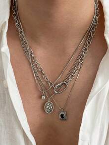 4pcs/Set, American Vintage Multi-Layer Stackable Men's Necklace, Distressed Silver Saint Medallion Square Rhinestone Clasp Hip-Hop Accessory, Gift - Silver - View 1