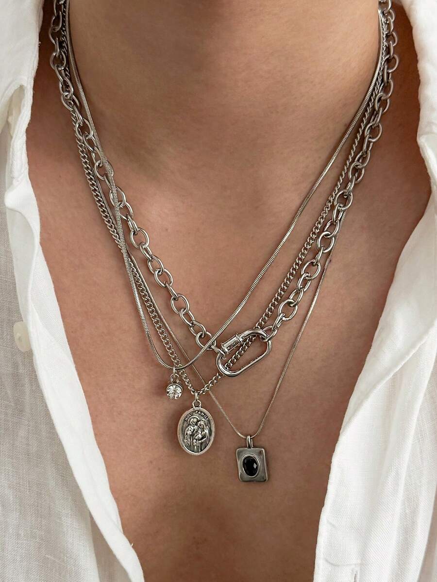 4pcs/Set, American Vintage Multi-Layer Stackable Men's Necklace, Distressed Silver Saint Medallion Square Rhinestone Clasp Hip-Hop Accessory, Gift - Silver - View 1
