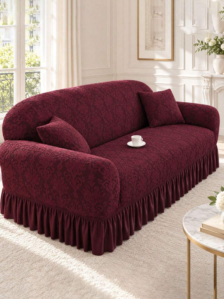 1pc Vintage Woven Jacquard Pattern Skirted Full Stretch Sofa Cover, Dust-Proof And Dirt-Resistant, Elastic One-Piece Full Coverage Sofa Protector, Living Room Home Decor, Machine Washable And Water Washable, Pillowcase Not Included - Redwood - View 1