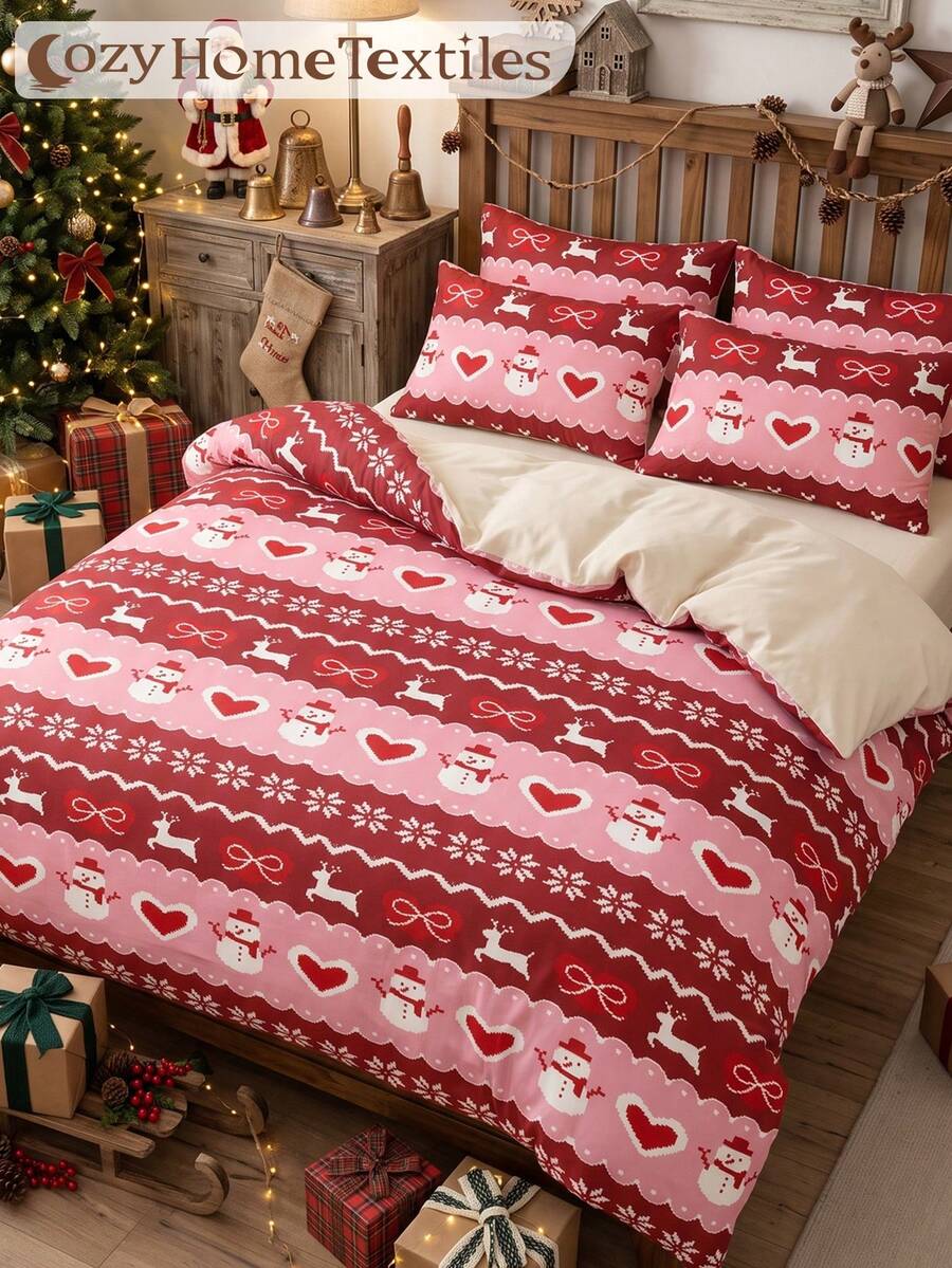 2/3pcs Christmas Red Print Duvet Cover Set, Bedding, Comfortable & Breathable, Anti-Pilling, Machine Washable, Room Decor, Bedroom Decor, Dorm Bedding, Suitable For All Seasons, Fits Single/Double/Queen/King Size Beds, Autumn Home Decor, Duvet Insert Not Included