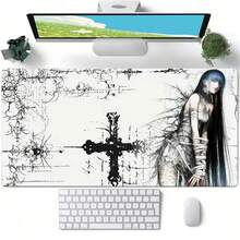 Thảm bàn phím chuột da PU phong cách Gothic Dark Anime Girl, tấm lót chuột lớn chống nước chống trượt, họa tiết phác thảo chữ thập vintage, tấm bảo vệ bàn làm việc phong cách manga Nhật Bản thẩm mỹ cho gaming, học tập và trang trí bàn làm việc - Xem 1