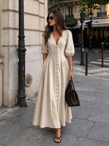 Solid Beige Full Front Button Decor Deep V-Neck Puff 3/4 Sleeve Shirt Dress, Suitable For Beach Vacation, Summer Holiday Party, Autumn, Bohemian Style - Apricot - View 1