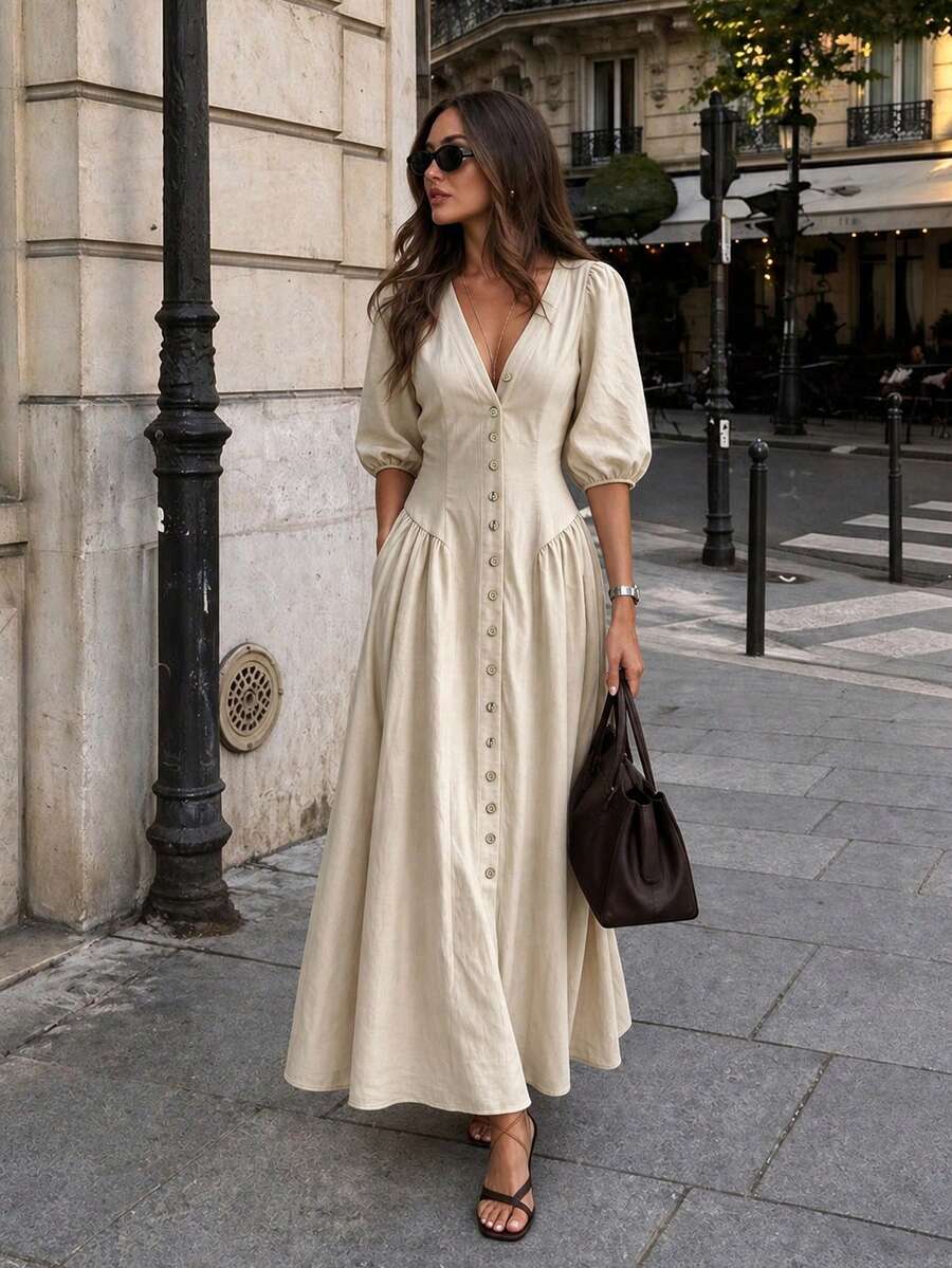 Solid Beige Full Front Button Decor Deep V-Neck Puff 3/4 Sleeve Shirt Dress, Suitable For Beach Vacation, Summer Holiday Party, Autumn, Bohemian Style - Apricot - View 1