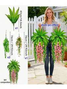 Artificial Hanging Fern And Floral Plant Set - DIY 50cm/76cm Faux Greenery, Suitable For Home Garden Patio Decor (4pcs) - Multicolor - View 3