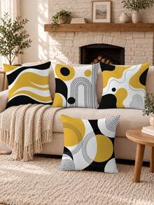 4 pièces Housses de coussin minimalistes quotidiennes jaune & noir motif géométrique abstrait bohème, imprimé unilatéral en velours peau de pêche doux pour la peau, housses de coussin 45*45CM convenant pour la décoration de chambre, décoration de salon intérieur, décoration de fête, cadeau de housse de coussin décorative - Multicolore - Voir 5