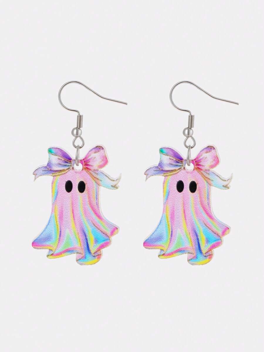 2D Colorful Bow Acrylic Pendant Earrings, 2D Flat Design, Stainless Steel Ear Hooks, Suitable For Daily Wear And Parties - Colorful Bow Ghost - View 1