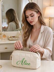 1pc Customized Embroidered Name Quilted Cosmetic Bag, Soft Puffer Makeup Storage Pouch, Bridesmaid Gift, Bridal Shower Wedding Favor, Travel Toiletry Bag For Women - Multicolor - View 4