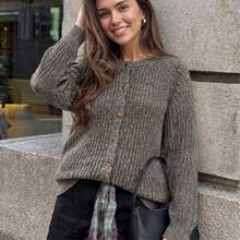 Women's Plus Size Warm Knitted Cardigan Sweater Long Sleeve Button Casual Top - Brown - View 6