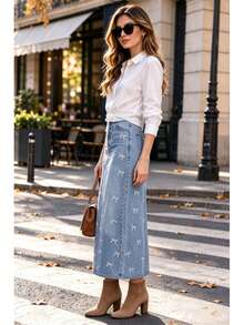 Solid Color Casual Denim Effect Print Faux Pocket Skirt For Vacation And Daily Wear, All Seasons - Navy Blue - View 3