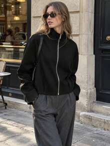 Women's Autumn/Winter Long Sleeve Stand Collar Short Flight Jacket - Black - View 1