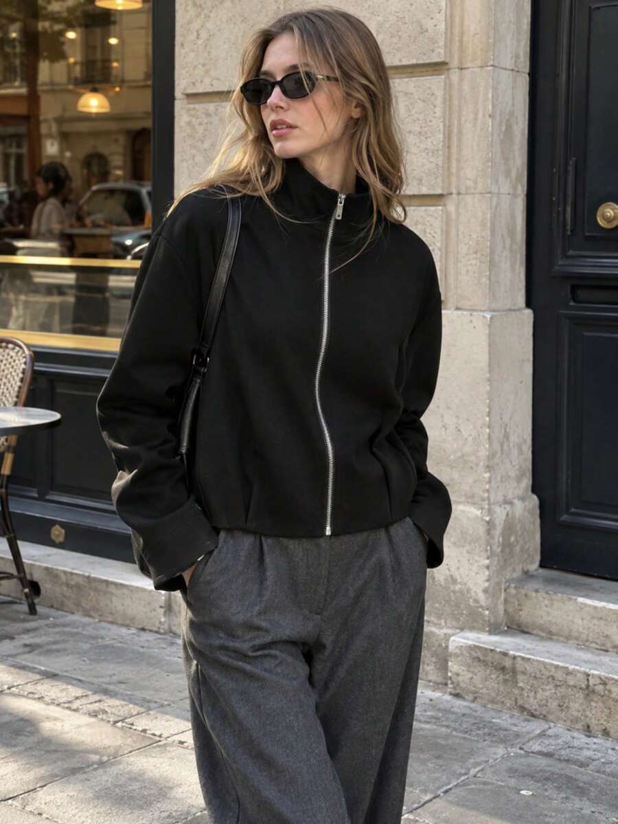Women's Autumn/Winter Long Sleeve Stand Collar Short Flight Jacket - Black - View 1