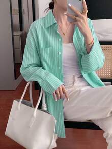 Vellofy Women's Autumn/Winter Green Striped Button-Up Collar Long Sleeve Loose Fit Shirt With Pockets, Suitable For Home Leisure, Daily Dating And Gatherings - Light Green - View 2