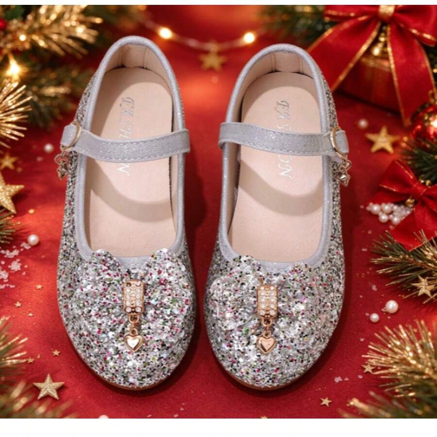 Sparkling Sequin Girls Princess Shoes, Fine Glitter Bow With Rhinestone Heart Pendant, One-Strap Magic Hook And Loop Closure, Easy To Put On And Take Off, Suitable For Performances, Birthday Parties, And Formal Dress Matching - Silver - View 1
