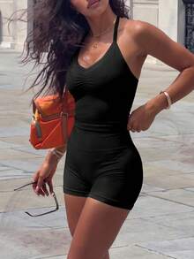 Women's 2-Piece Solid Color Ruched Halter Neck Cropped Tank Top + High Waist Butt Lifting Shorts Fitness Yoga Set, Black, Summer - Black - View 8