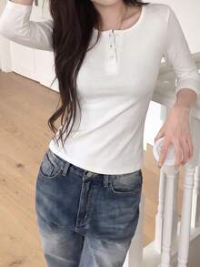 Solid Color Round Neck 3-Button 3/4 Sleeve T-Shirt - White - View 6