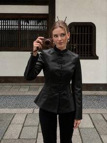 Women Fall Fashion Elegant Casual Chinese Style Black Satin Mandarin Collar Frog Button Long Sleeve Jacket For Office Work Going Out Vacation - Black - View 1