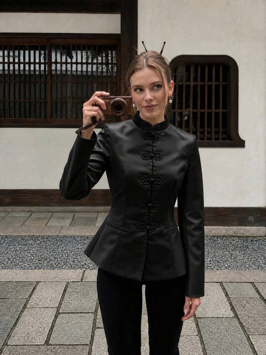 Women Fall Fashion Elegant Casual Chinese Style Black Satin Mandarin Collar Frog Button Long Sleeve Jacket For Office Work Going Out Vacation - Black - View 1