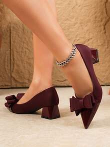 Bow Pointed Toe Hollow Heel Women's Shoes, Elegant Commute Date Versatile Comfortable Thick Heel Pumps - Burgundy - View 3