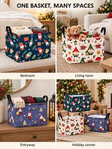 Christmas Square Storage Basket, Printed With Santa Claus, Gnomes, Snowflakes And Trees, Reinforced Handle And Open Design, Multi-Purpose Toy, Blanket, Book And Gift Storage Bin, Suitable For Bedroom, Living Room, Holiday Party And Winter Decor - Multicolor - View 7