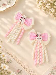 2 Buah Jepit Rambut Pita Grosgrain Merah Muda untuk Anak Perempuan, Motif Kelinci Kotak-kotak Lucu, Rumbai Keriting, Hiasan Jepit Rambut Buaya, Jepit Rambut Kasual Sehari-hari di Musim Dingin, Aksesori Rambut Anak-anak - MultiWarna - View 5