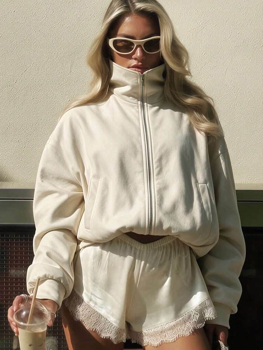 Women's Turn-Down Collar Zip Up Jacket, Oversized Drop Shoulder Sweatshirt Jacket,Outerwear For Autumn/Winter Daily Wear - Apricot - View 1