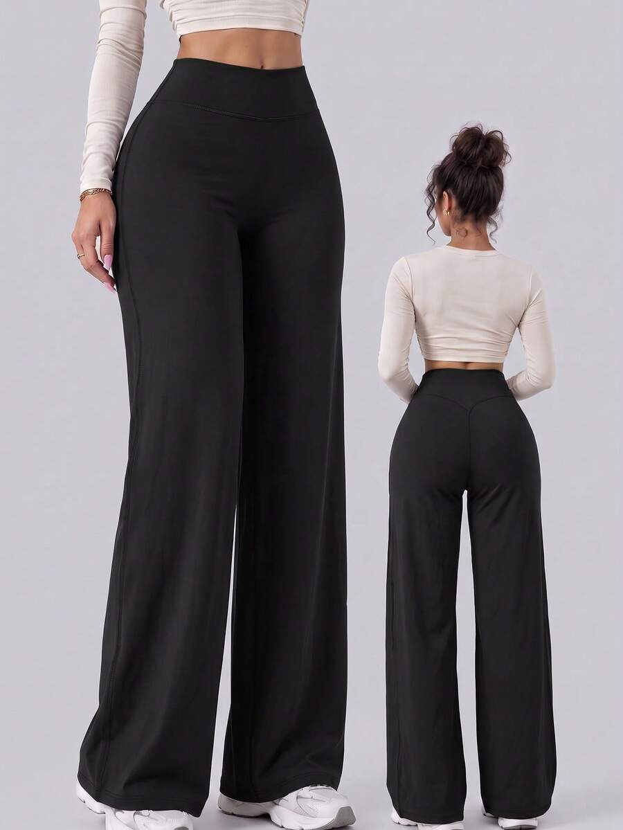 Women's Solid Color High Waist Yoga Long Loose Wide Leg Pants, Comfortable And Slimming, Sports Style - Black - View 1