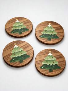 1/4/6pcs Christmas Tree Pattern Wooden Coasters - Round Wooden Drink Coasters With Hand-Painted Christmas Tree Design; Heat-Resistant And Absorbent, Suitable For Coffee Cups, Tea Cups; Perfect For Winter Holiday Table Decor; Ideal Christmas Housewarming Gift For Home Kitchen, Dining Table Or Bar. - A - View 2