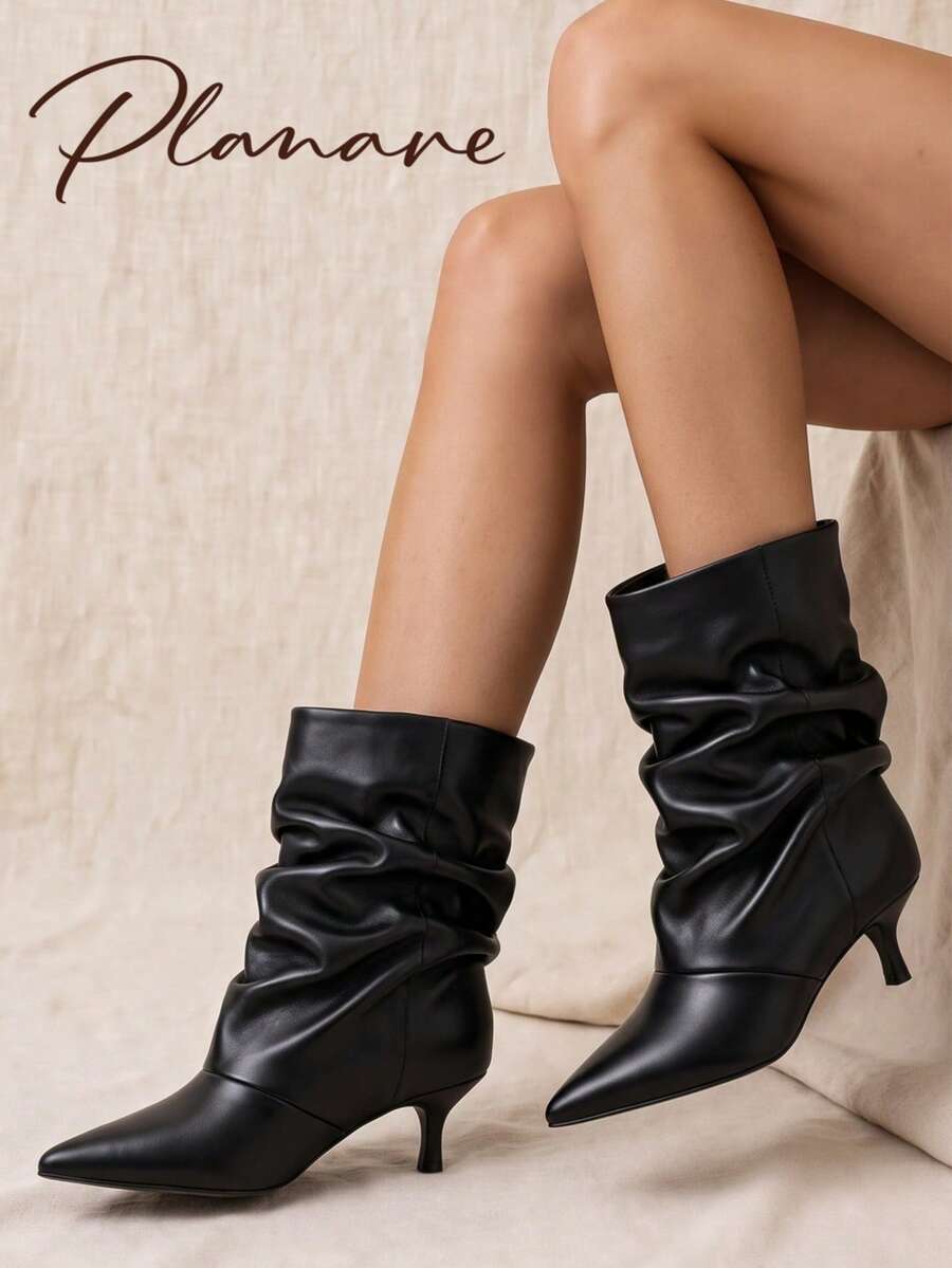 planare New Women's Fashion Personalized Ruched Mid-Calf Black Boots, Slip-On Pointed Toe Kitten Heel Street Casual Slouchy Boots, Slimming - Black - View 1