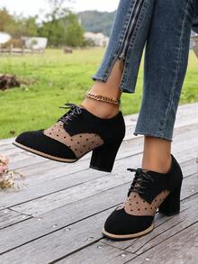 British Style Lace-Up Women's Plaid Patchwork Chunky Heel High Heels Round Toe Vintage Brogue Leather Shoes - Black - View 6