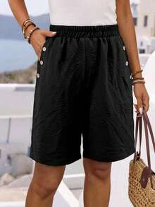 Plus Size Women Loose Casual Shorts With Pockets And Buttons - Black - View 3
