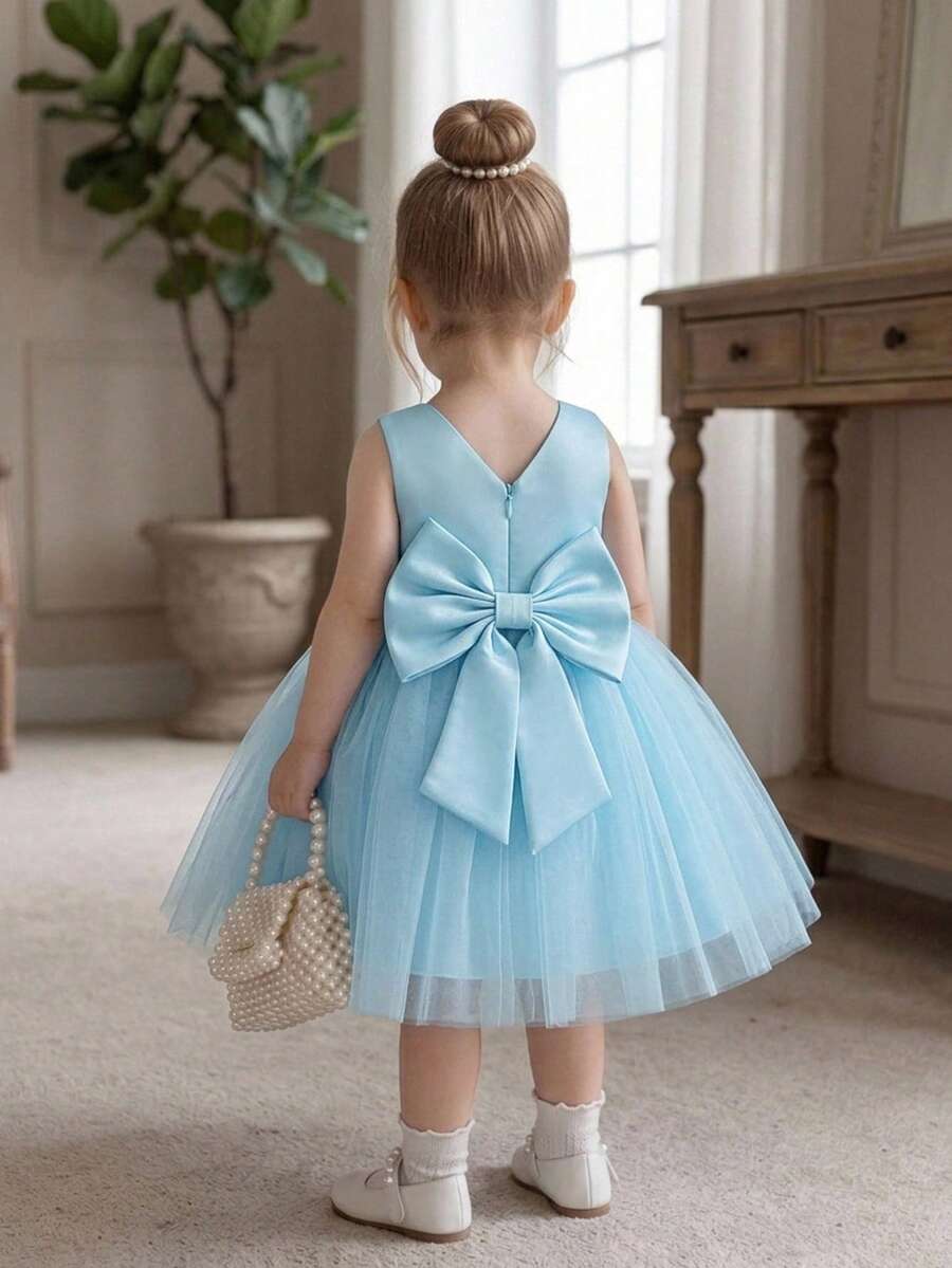 Baby Girls Small V-Neck Back Bow Satin Contrast Mesh Simple Cute Birthday Party Princess Dress, Headband And Bag Not Included - Baby Blue - View 1