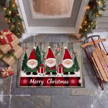1pc, Washable Non-Slip Red Plaid Santa Claus Velvet Rug, Non-Slip Bottom, Three Round-Faced Faceless Gnomes Wearing Green Plaid Tops, Paired With Christmas Tree, Gift Boxes, Snowy Scene; Bottom Red And Black Plaid Area Printed With "Merry Christmas", American Country Style. Suitable For Entryway, Bedroom Bedside, Bathroom, Living Room Corner. Christmas Rug, Christmas Gift/Decor, Rugs For Bedroom, Bedroom Rug, Rug For Bedroom, Carpet For Bedroom, Room Decor, Kitchen Rug, Hallway Runner, - Multicolor - View 2