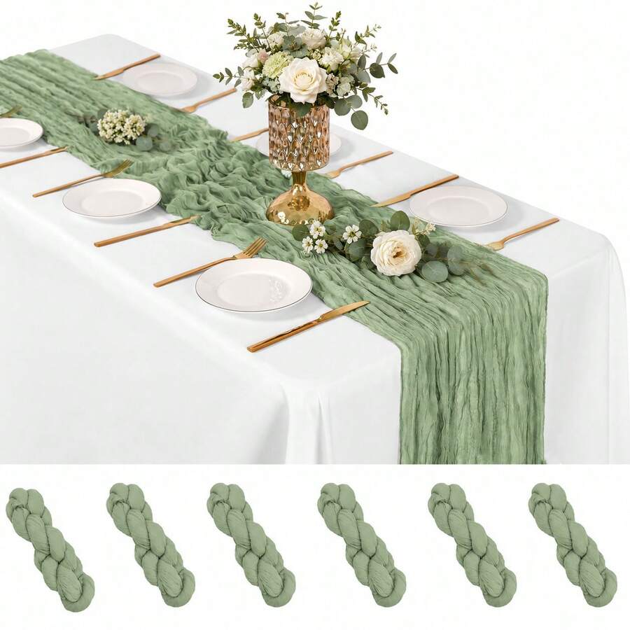 6 Pack Sage Green Cheesecloth Table Runner, Boho Gauze Table Runners, Rustic Semi Sheer Cheese Cloth Fabric For Wedding Party, Baby Shower, Birthday, Engagement, Farmhouse Dining Table Decor, Holiday Decorations, Romantic Wedding Centerpiece Decor - Sage Green - View 1