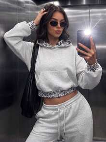 Women's Casual Leopard Print Pockets Short Length Oversized Long Sleeve Hoodies For Daily,Winter Fall Clothes,Fall Winter Outfit,Going Out Tops - Light Gray - View 8