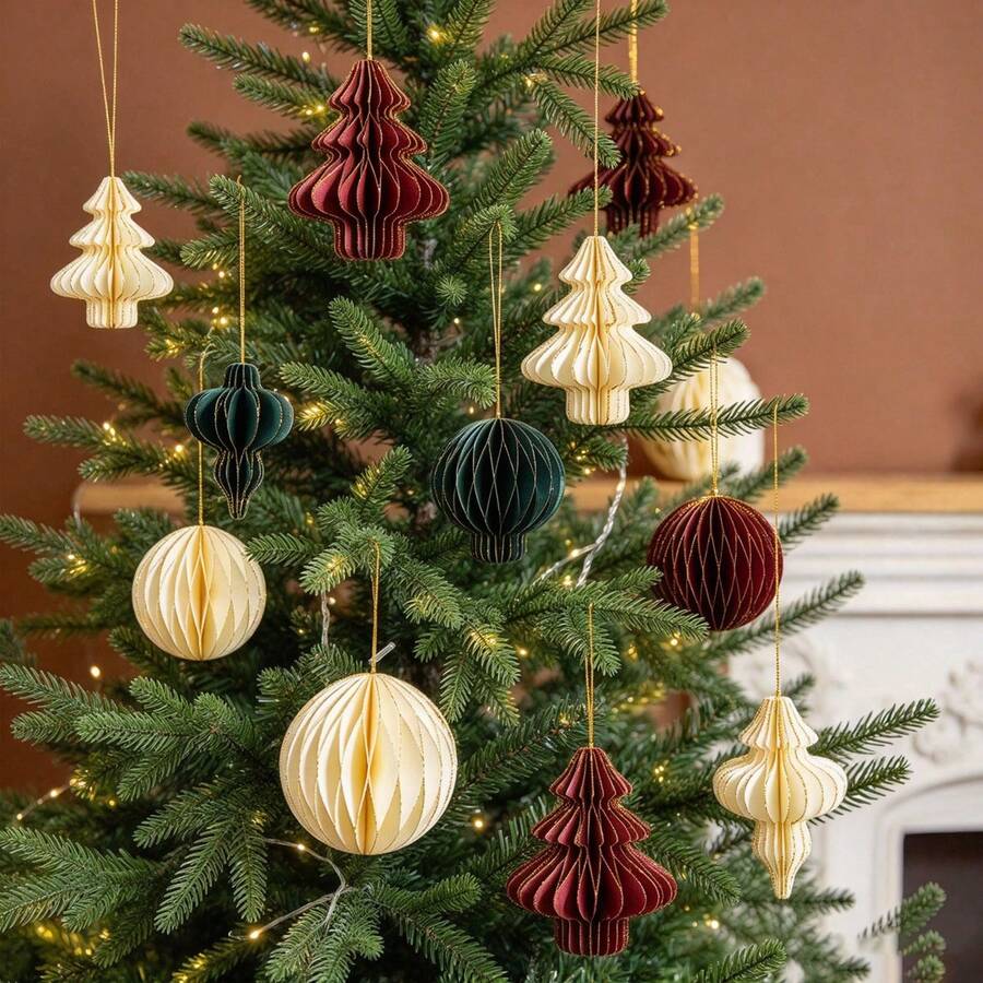 1 Set Christmas Honeycomb Hanging Decorations - Foldable And Reusable Honeycomb Christmas Tree, Ornaments And Lanterns; Suitable For Decorating Christmas Tree, Wreath, Fireplace, Etc.