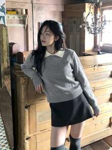 Chic Women's Long Sleeve Contrast Collar Pullover Sweater, Regular Length Grey Knit Top With Tight Hem For Everyday Wear - Grey - View 3