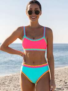 popvil Women's Summer Beach Colorblock Sexy Bikini And Triangle Bottom Two-Piece Swimsuit Set - Red - View 1