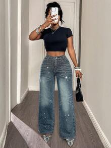 Women's Vintage Washed Mid-Waist Rhinestone Wide Leg Jeans, Shiny Full Rhinestone Loose Straight Leg Pants, Fashionable Autumn/Winter Trousers - Dark Wash - View 2