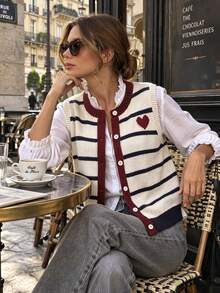 Women's Elegant Casual White Striped Heart Knit Button Front Sleeveless Vest Fall Round Neck Cardigan Sweater For Work Daily Wear - Off-white - View 1