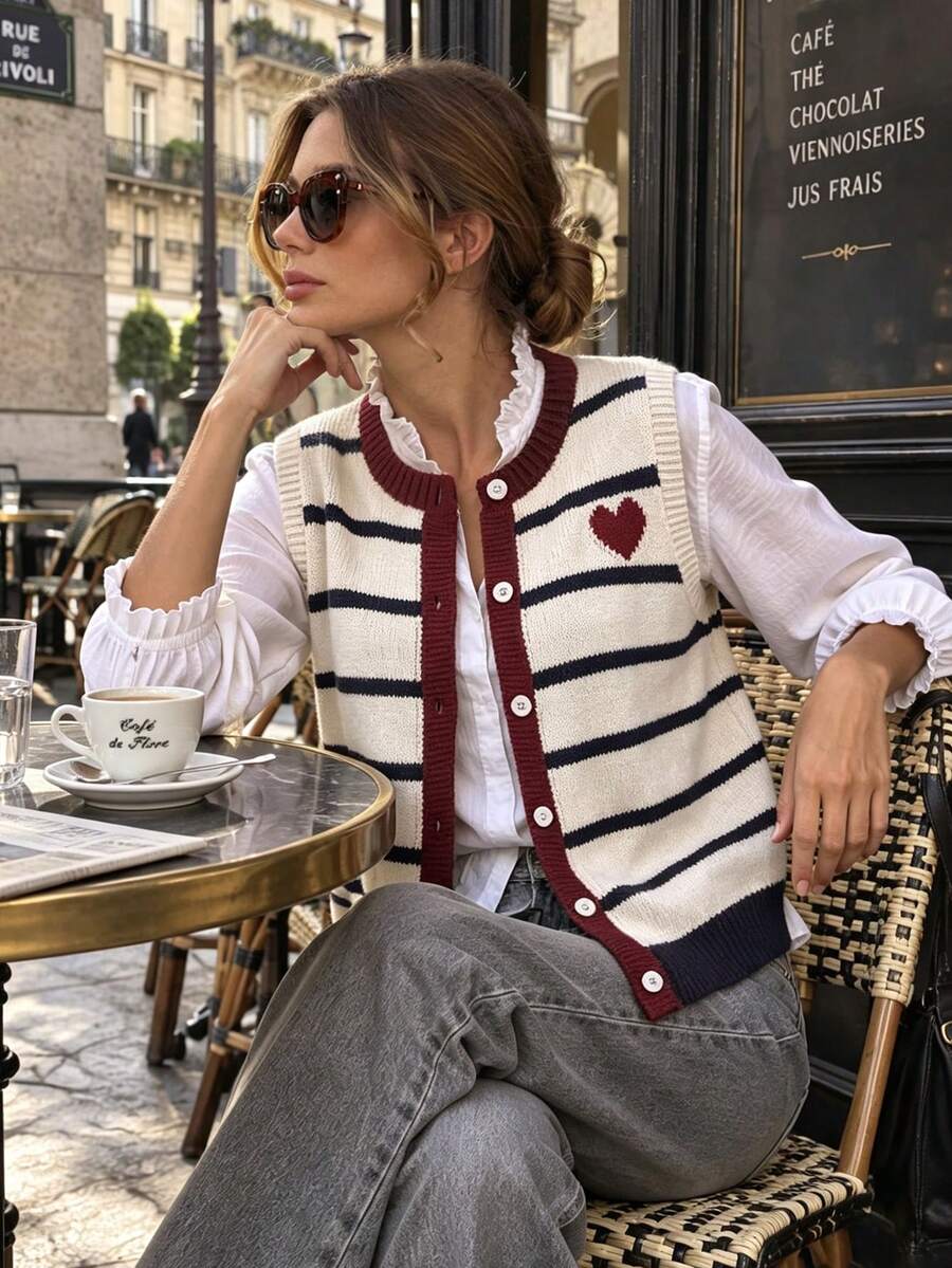 Women's Elegant Casual White Striped Heart Knit Button Front Sleeveless Vest Fall Round Neck Cardigan Sweater For Work Daily Wear - Off-white - View 1