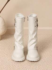 Girls' Minimalist Metal Double-Row Buckle Decor Side Zipper Ruched White Long Boots, Suitable For Outings And Photos - White - View 3