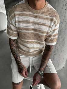 New Arrival Men's Casual Striped Crew Neck Comfortable Knit Short Sleeve Top - Apricot - View 2